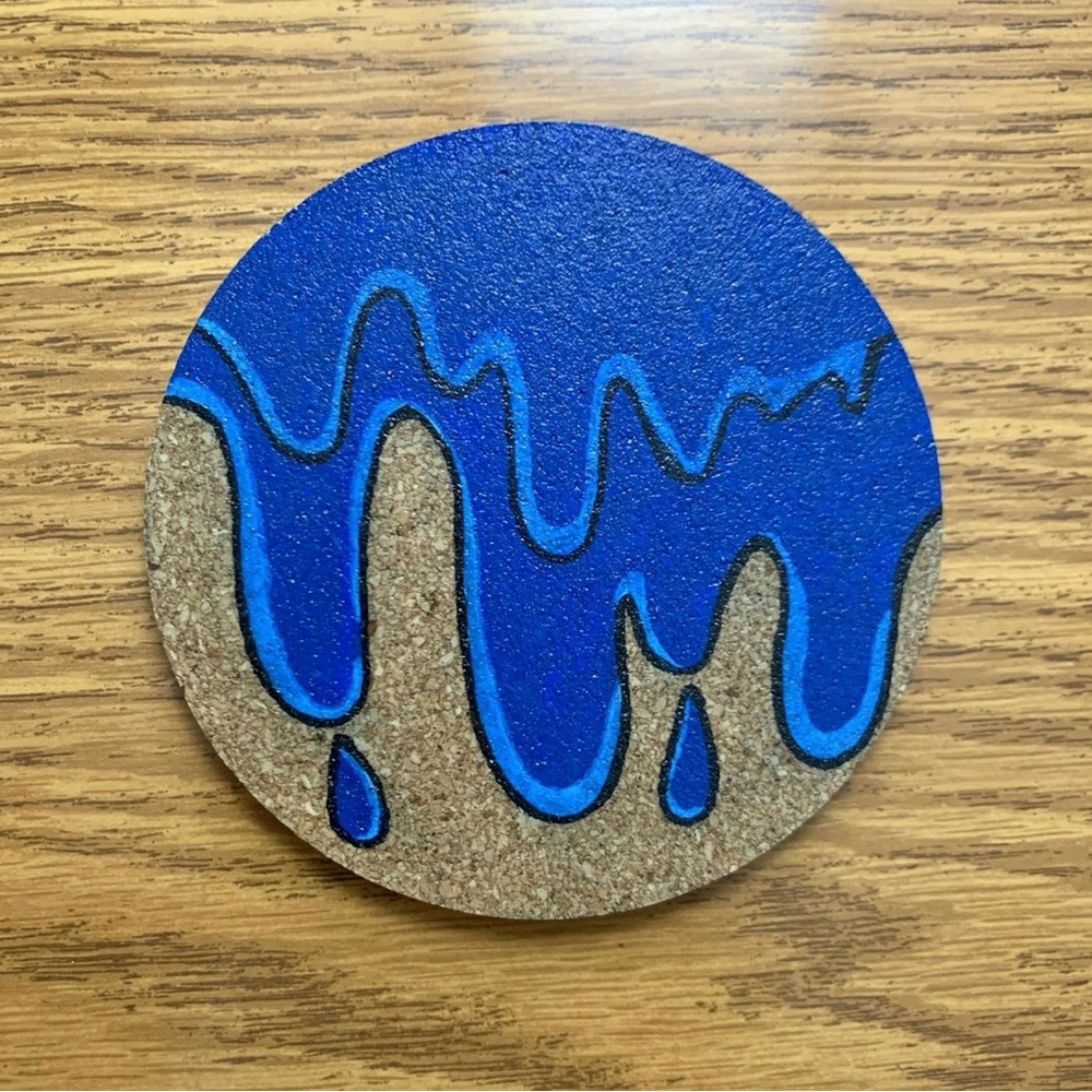 Blue Grime Drip Painted Cork Coaster